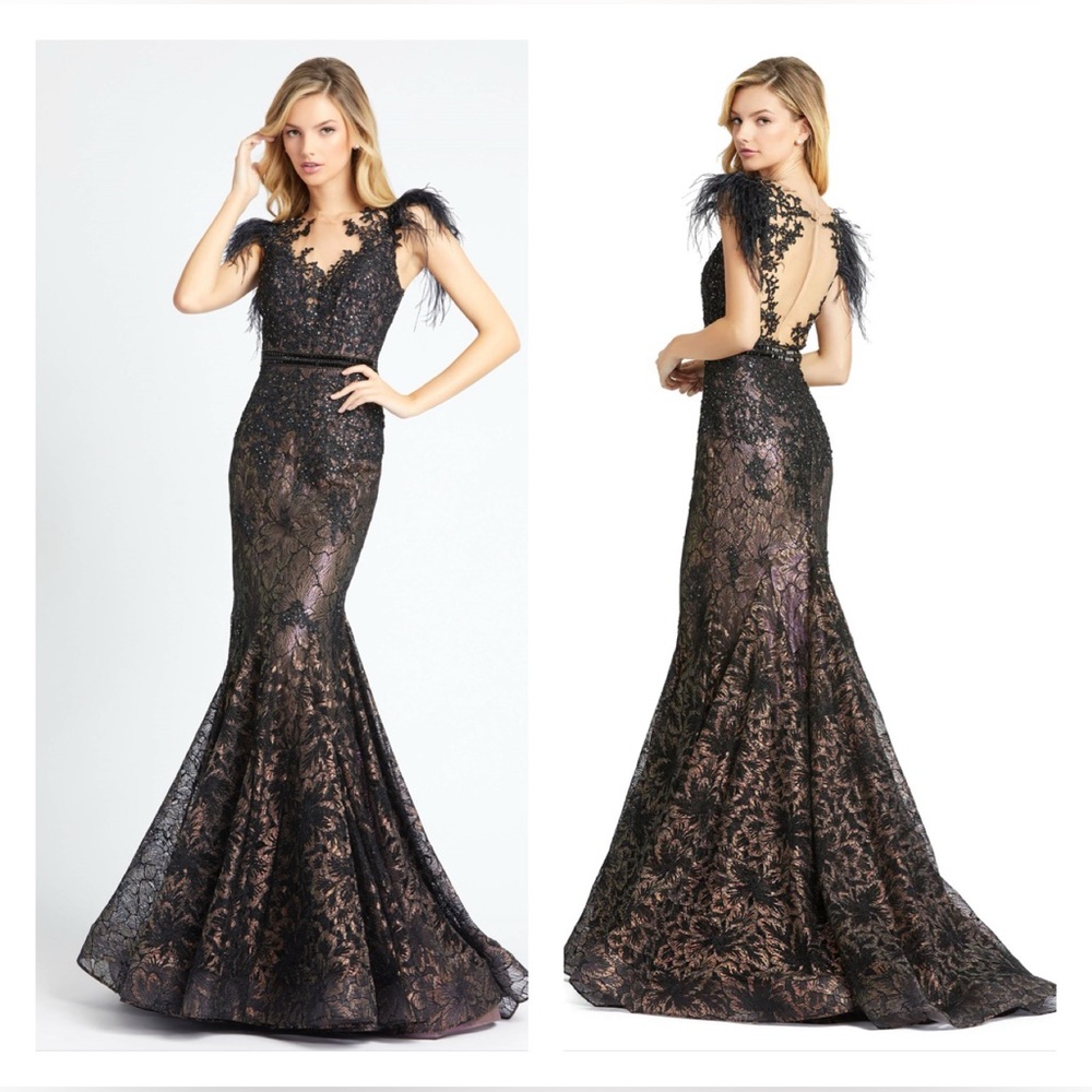Mac Duggal 79230 Embellished Feather Cap Sleeve Illusion Neck Trumpet Gown